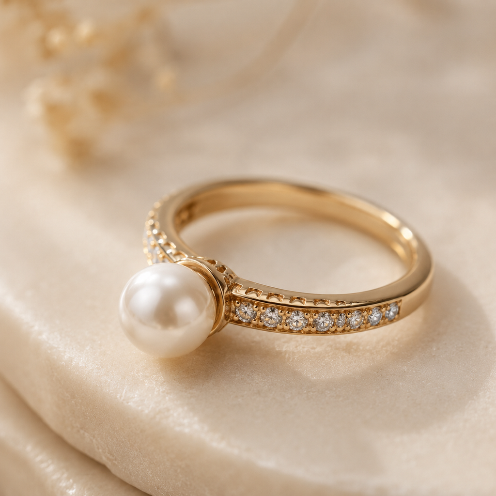 VOLUSIE Pearl Accent Ring, Gold-Tone Ring with Clear Stone Band for Women