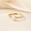 VOLUSIE Pearl Accent Ring, Gold-Tone Ring with Clear Stone Band for Women