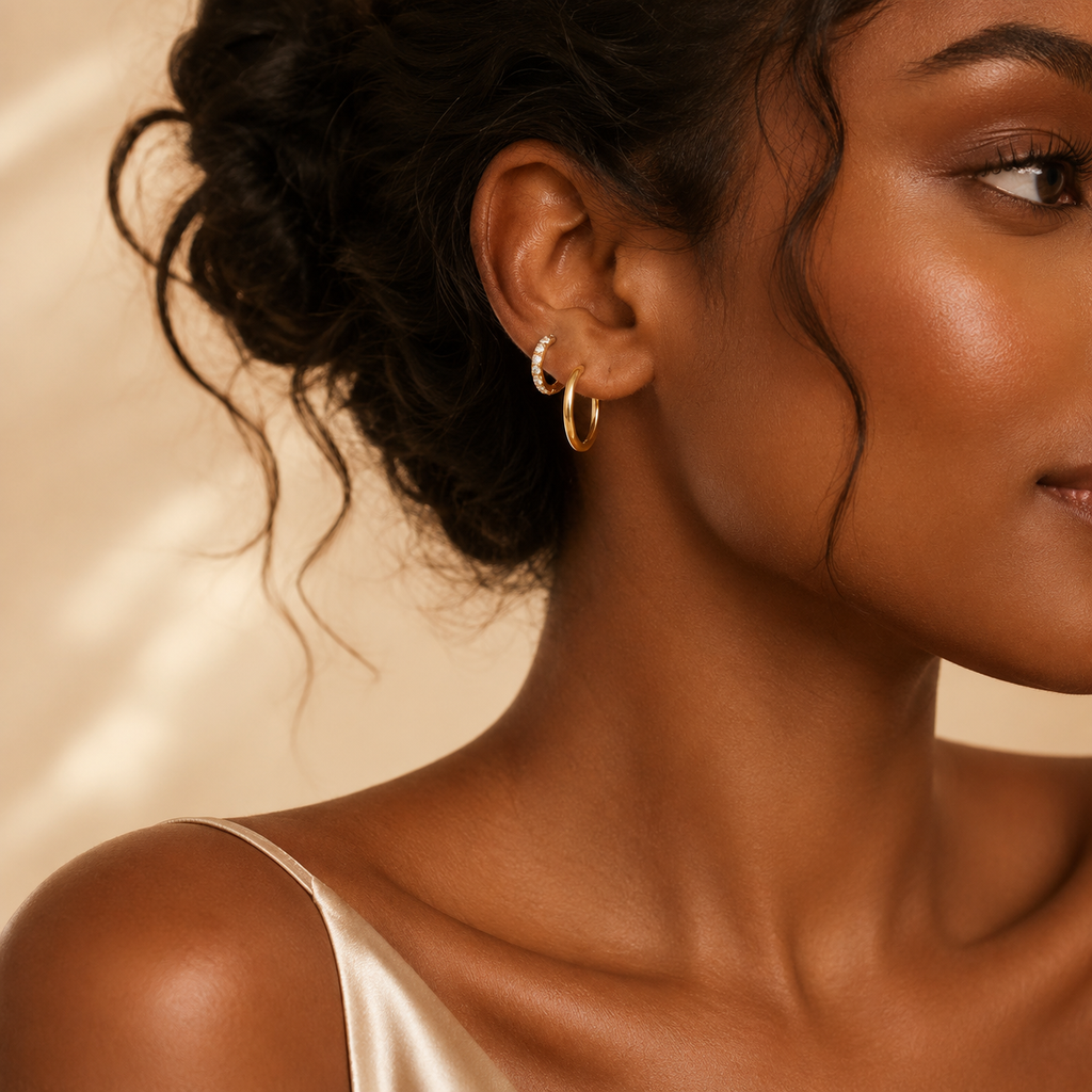VOLUSIE Gold-Tone Hoop Earring Set, 2 Pairs Minimalist Huggie Earrings with Clear Stone Accents