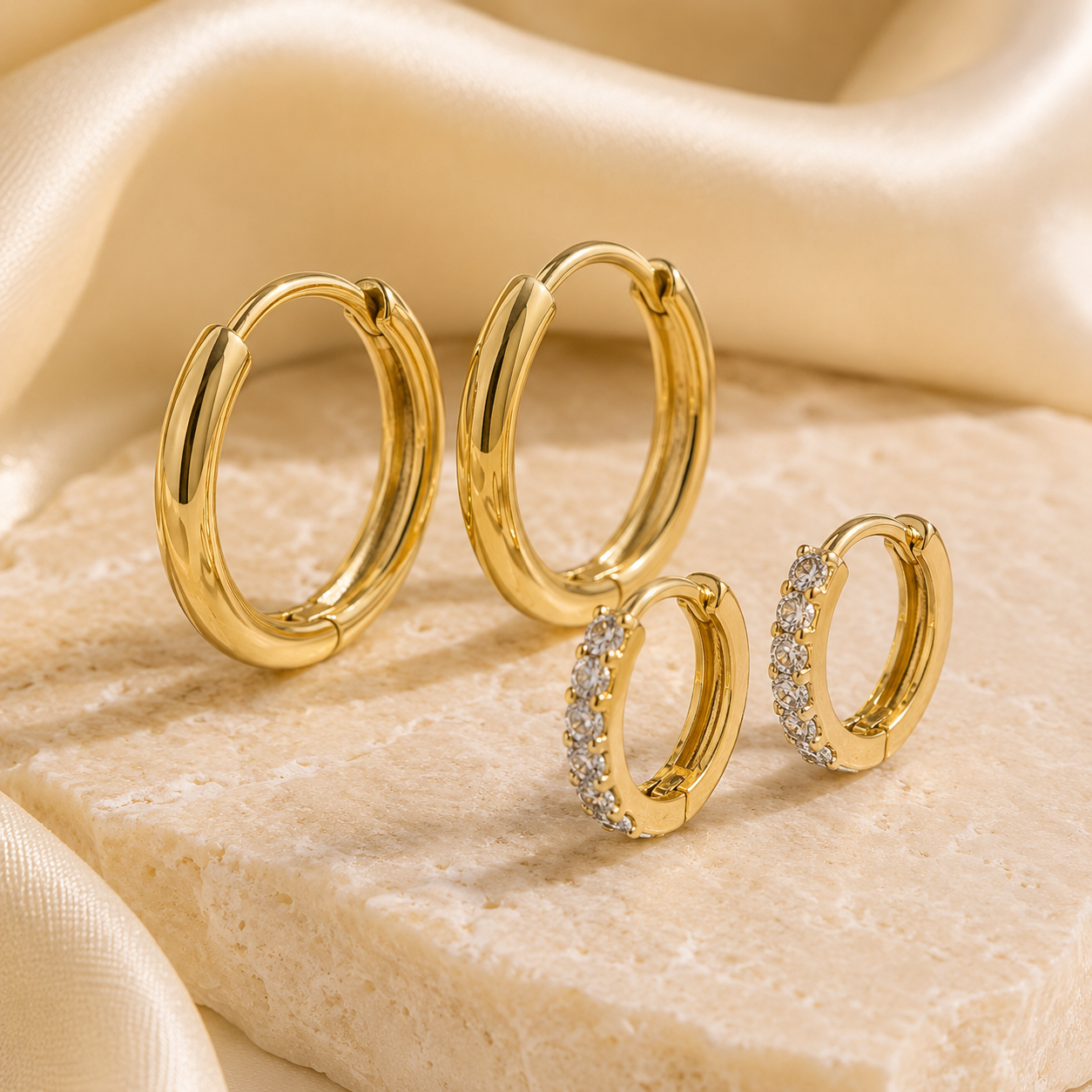 VOLUSIE Gold-Tone Hoop Earring Set, 2 Pairs Minimalist Huggie Earrings with Clear Stone Accents