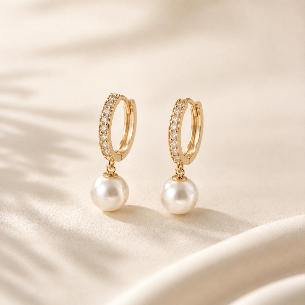 VOLUSIE Pearl Drop Hoop Earrings, Gold-Tone Huggie Earrings with Clear Stone Accents