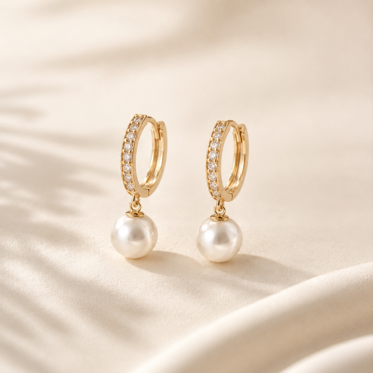 VOLUSIE Pearl Drop Hoop Earrings, Gold-Tone Huggie Earrings with Clear Stone Accents