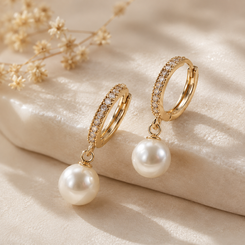 VOLUSIE Pearl Drop Hoop Earrings, Gold-Tone Huggie Earrings with Clear Stone Accents