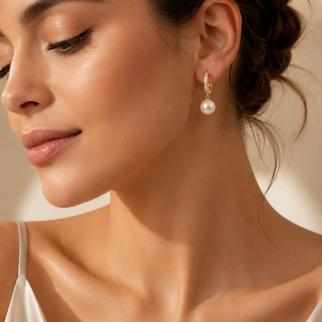 VOLUSIE Pearl Drop Hoop Earrings, Gold-Tone Huggie Earrings with Clear Stone Accents